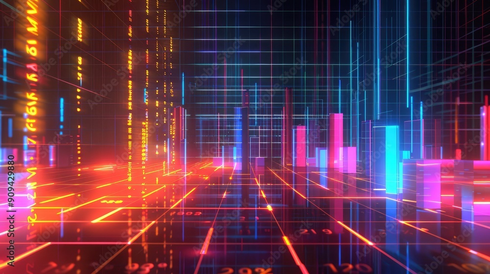 Aufkleber detailed 3d rendering of financial growth with bar charts and glowing effects on a grid background w