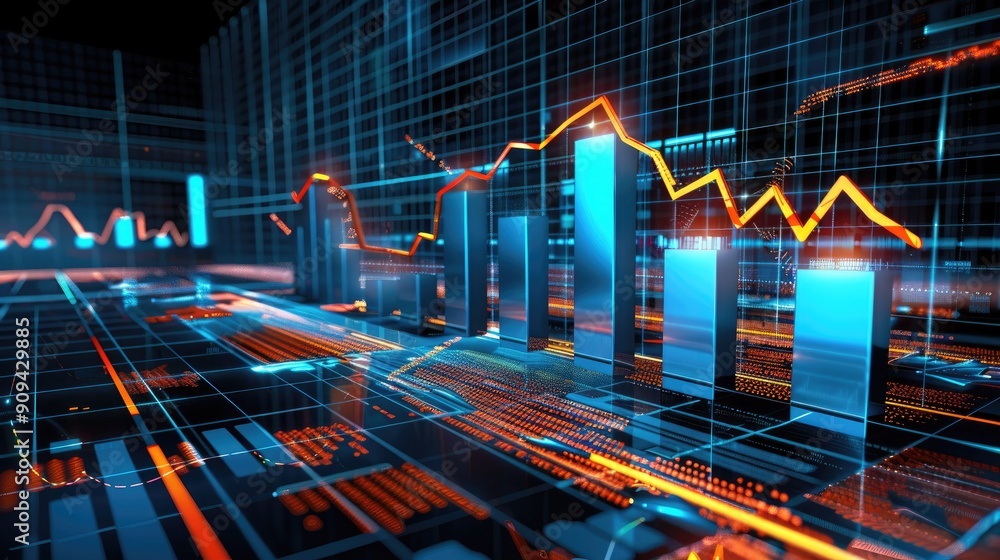 Poster detailed 3d rendering of financial growth with bar charts and digital lines on a grid background wit
