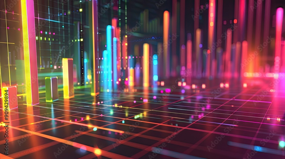 Poster detailed 3d rendering of financial growth with bar charts and glowing lines on a grid background wit
