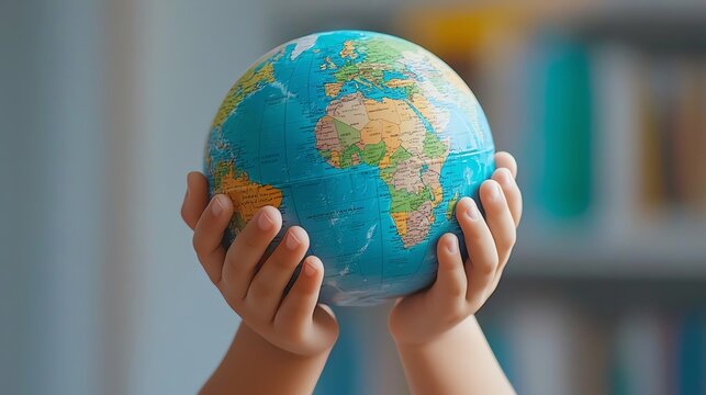 A child holds a globe in their hands, symbolizing care for the planet and global awareness in a vibrant and educational setting.