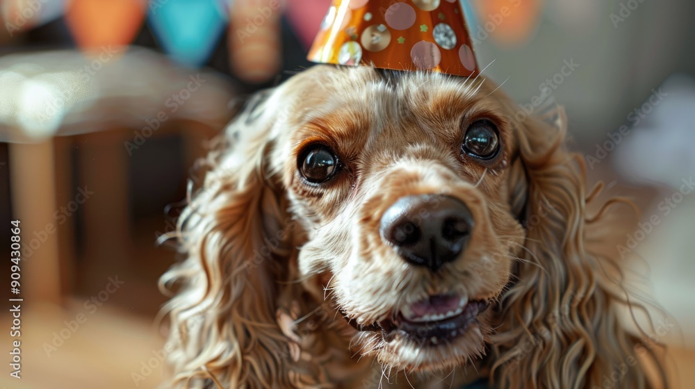 Poster high-definition 3d close-up of a cocker spaniel with a party hat, focusing on the dog's happy face a