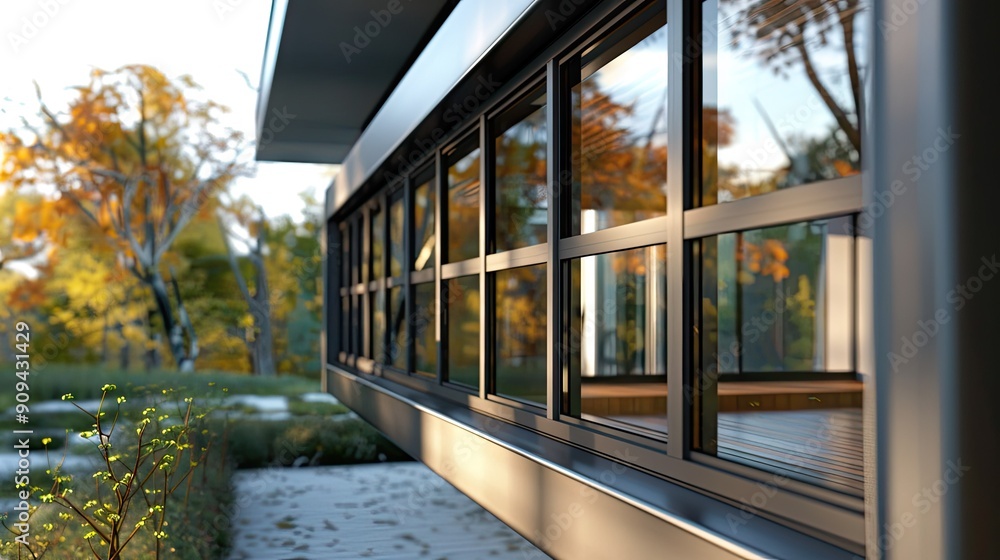 Poster intimate 3d close-up of a modern house's windows, emphasizing the sleek frames, reflective glass, an