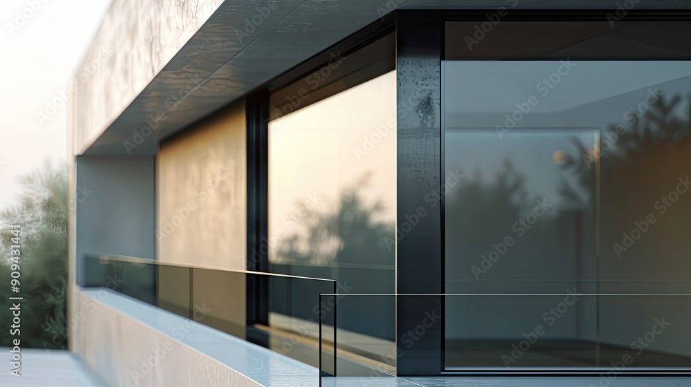 Poster intimate 3d close-up of a modern house's windows, emphasizing the sleek frames, reflective glass, an