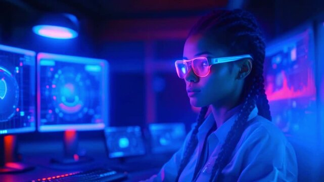 Woman in neon glasses works on computer with colorful screens.