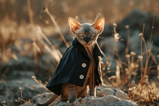 Sphynx cat in stylish coat standing in lush field with rocks and grass &ndash; unique fashionable pet in natural setting