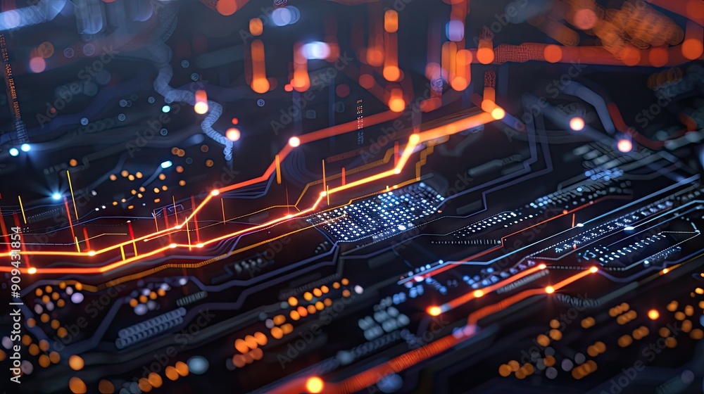 Aufkleber modern 3d financial chart with symbols and glowing lines on a dark background with this inviting pho
