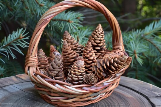 Wicker basket full of pine cones resting on a tree trunk with a coniferous forest in the background