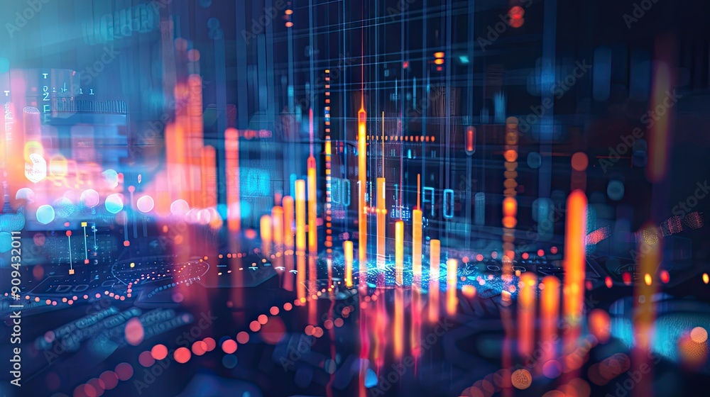 Poster modern 3d illustration of a financial graph with arrows and digital effects on a dark background wit