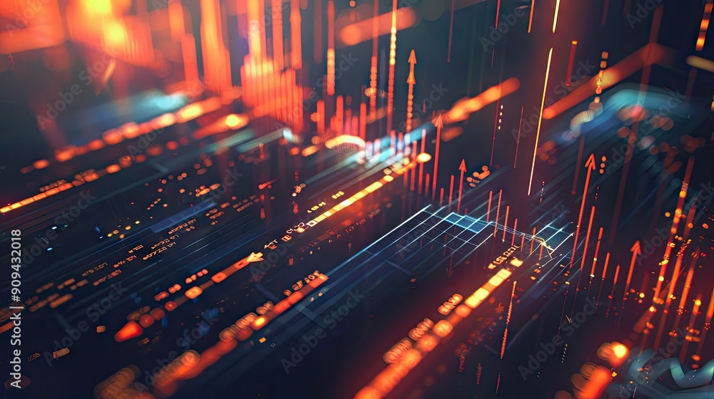 Poster modern 3d illustration of a financial graph with arrows and digital effects on a dark background wit