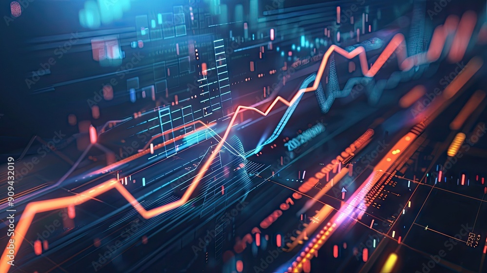 Poster modern 3d illustration of a financial graph with arrows and digital effects on a dark background wit