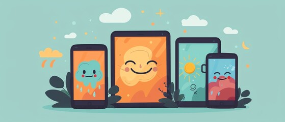 Smiling smart devices, displaying weather updates, flat design illustration