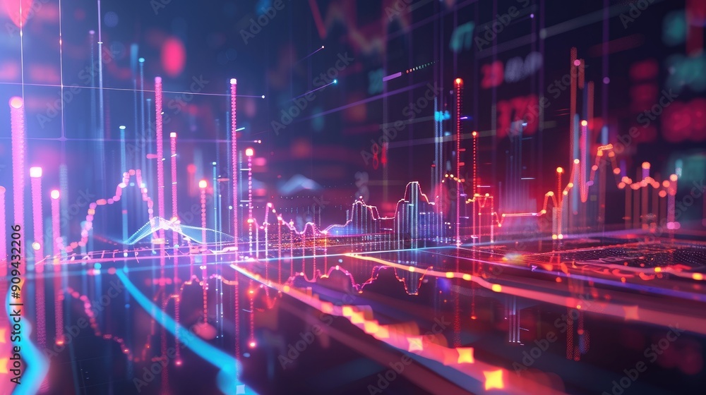 Aufkleber modern 3d illustration of financial symbols and charts with data points and glowing effects on a dar