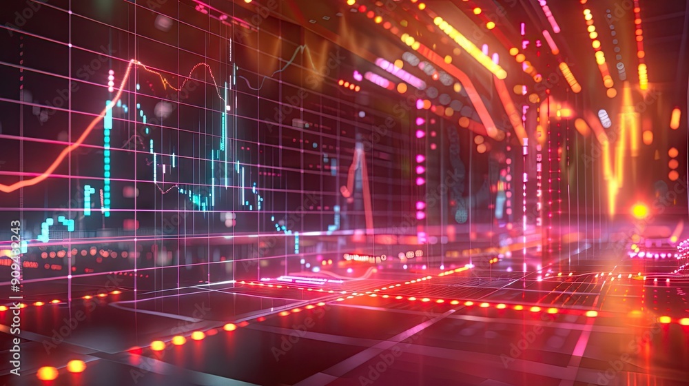Aufkleber modern 3d model of a financial market chart with digital effects and glowing lines on a grid backgro