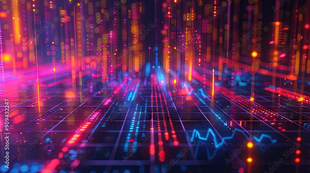 Aufkleber modern 3d model of a financial market chart with digital effects and glowing lines on a grid backgro