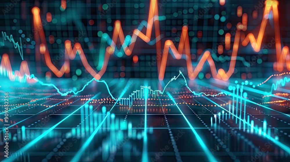 Aufkleber modern 3d model of a financial market chart with digital effects and glowing lines on a grid backgro
