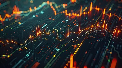 Fototapeta premium Modern 3D rendering of a financial graph with data points and glowing lines on a dark background with this inviting photo.