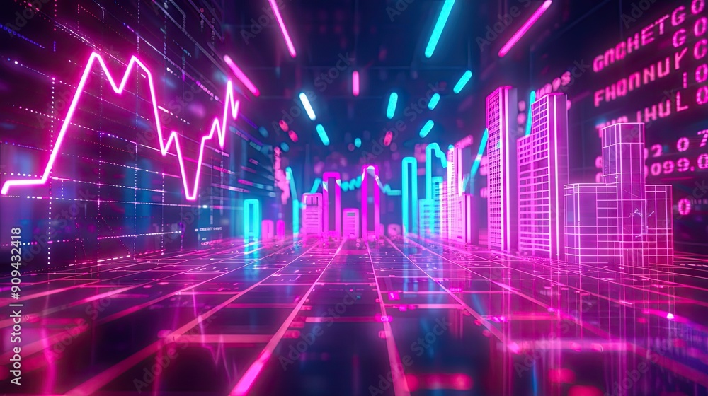 Poster modern 3d rendering of financial symbols and charts with a neon glow on a digital grid background wi