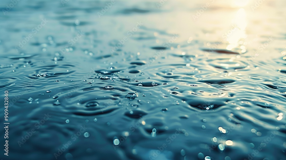 Poster sparkling water droplets on a flat surface, set against a gentle water background. excellent for tex