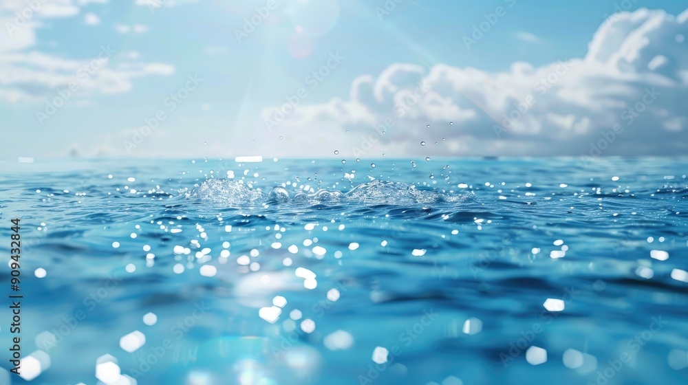 Poster sparkling water droplets on a flat surface, set against a gentle water background. excellent for tex
