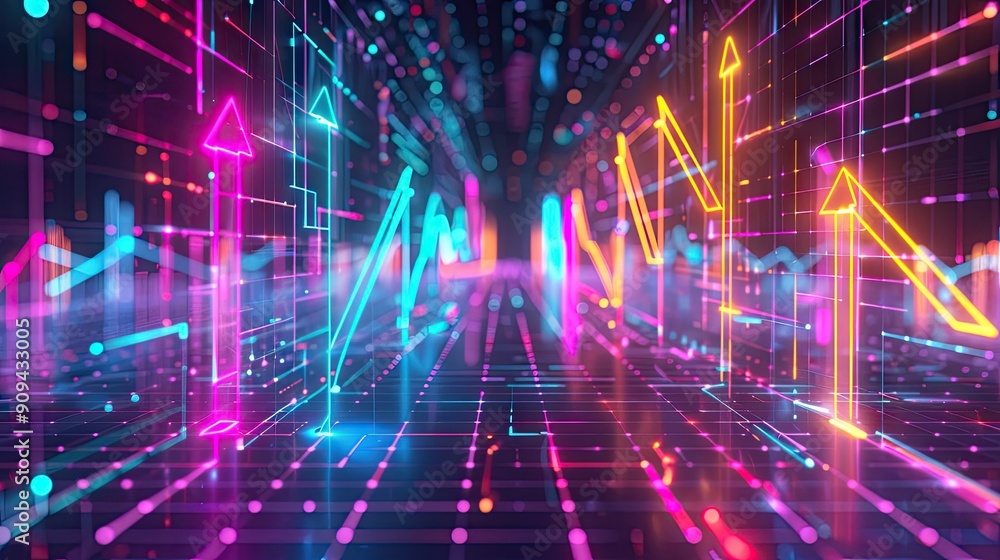Aufkleber stylized 3d illustration of a digital financial chart with arrows pointing upward on a grid backgrou