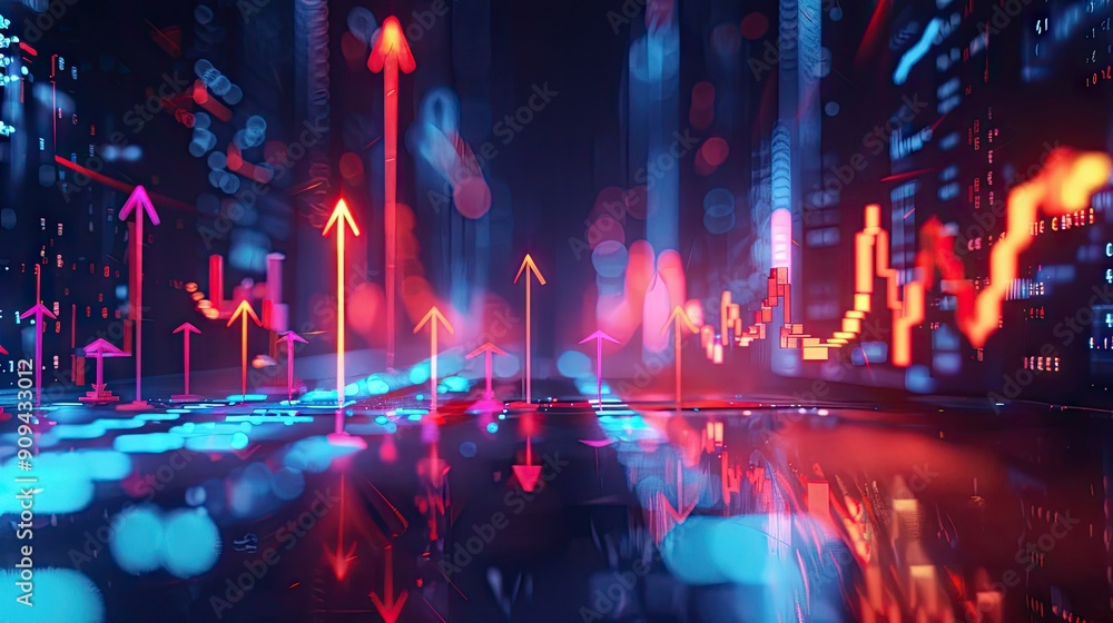 Poster stylized 3d illustration of a financial data chart with arrows and glowing effects on a dark backgro