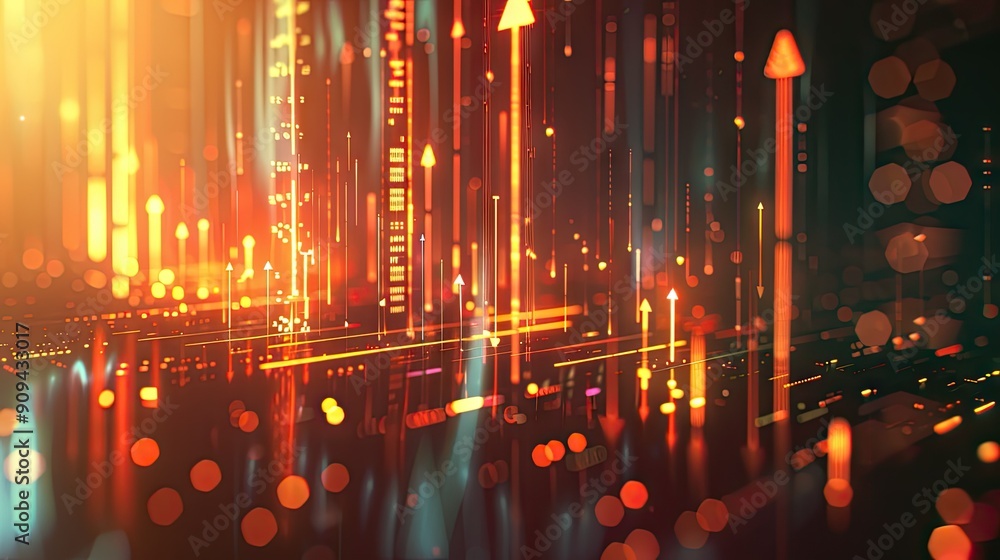 Poster stylized 3d illustration of a financial data chart with arrows and glowing effects on a dark backgro