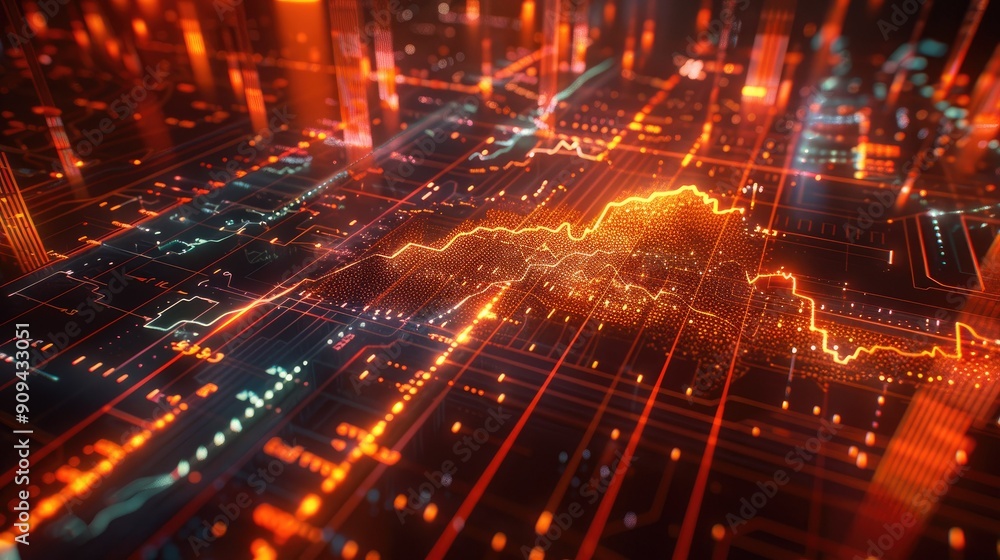 Poster stylized 3d model of a financial data chart with arrows and glowing lines on a dark background with 