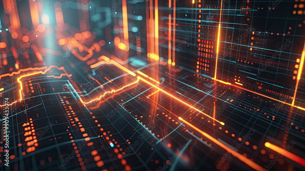 Poster stylized 3d model of a financial data chart with arrows and glowing lines on a dark background with 