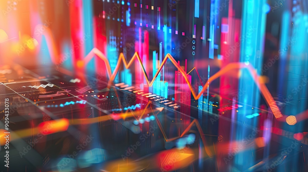 Poster stylized 3d model of a financial graph with arrows and digital effects on a futuristic background wi