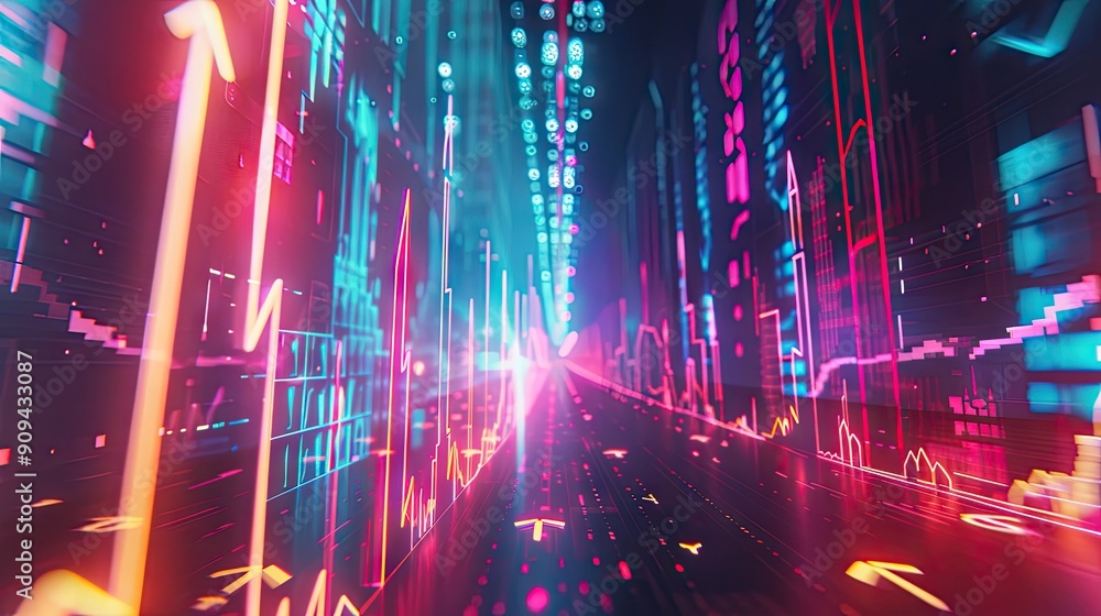 Poster stylized 3d model of a financial graph with arrows and digital effects on a futuristic background wi