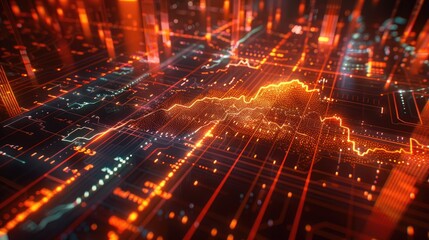 Stylized 3D model of a financial data chart with arrows and glowing lines on a dark background with this inviting photo.