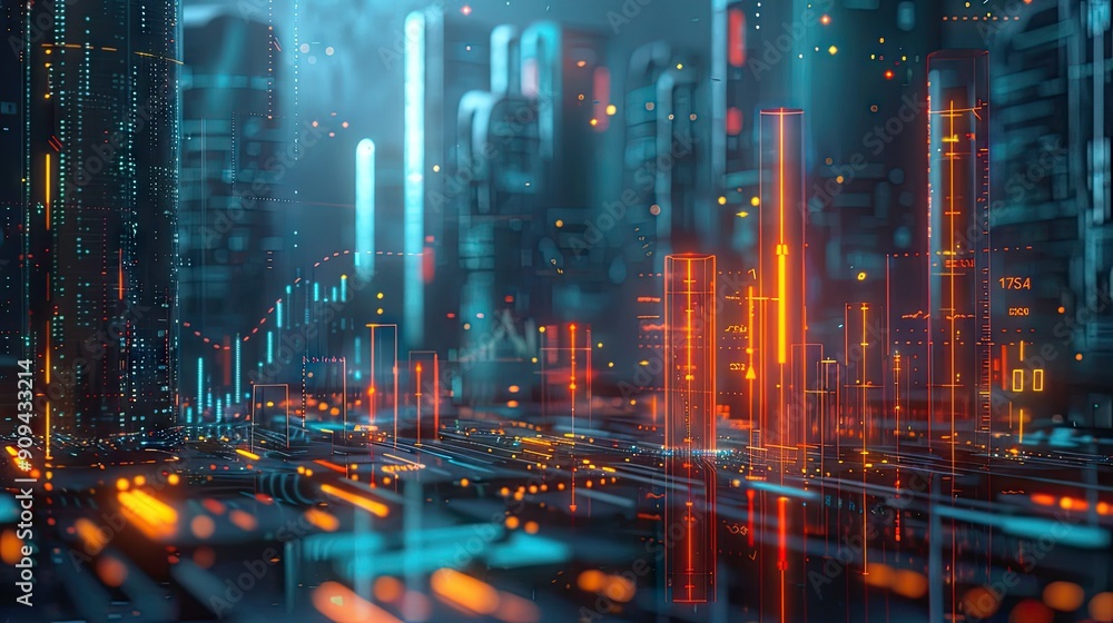 Poster stylized 3d model of financial data charts with symbols and glowing lines on a futuristic background