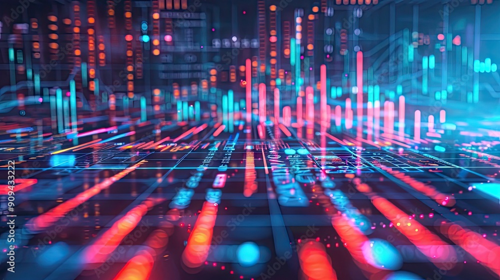 Aufkleber stylized 3d model of financial data charts with symbols and digital effects on a futuristic backgrou