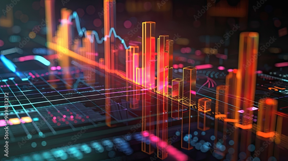 Poster stylized 3d model of financial data visualization with bar charts and digital effects on a dark back
