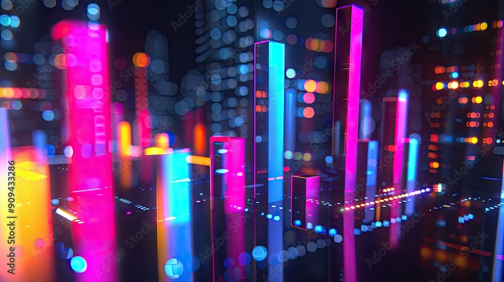 Poster stylized 3d model of financial data visualization with bar charts and digital effects on a dark back