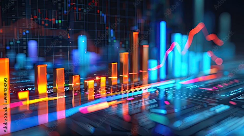 Aufkleber stylized 3d model of financial data visualization with bar charts and digital effects on a dark back