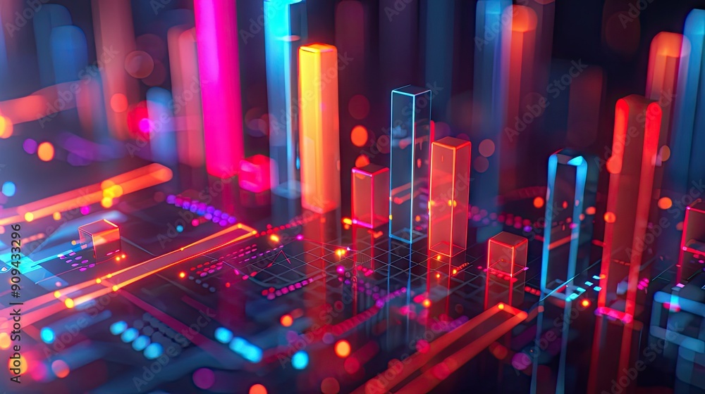 Poster stylized 3d model of financial data visualization with bar charts and glowing effects on a dark back