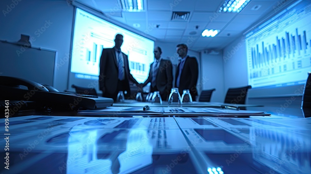 Poster team of analysts discussing charts and graphs in a conference room, tools for strategic investment w