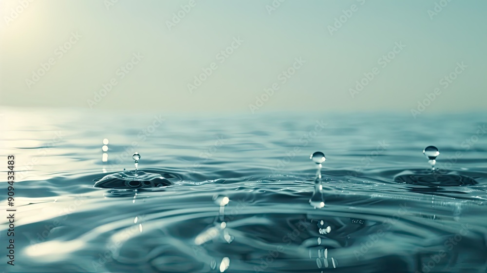 Poster tiny water droplets on a smooth surface, with a serene water background creating a calming effect. s