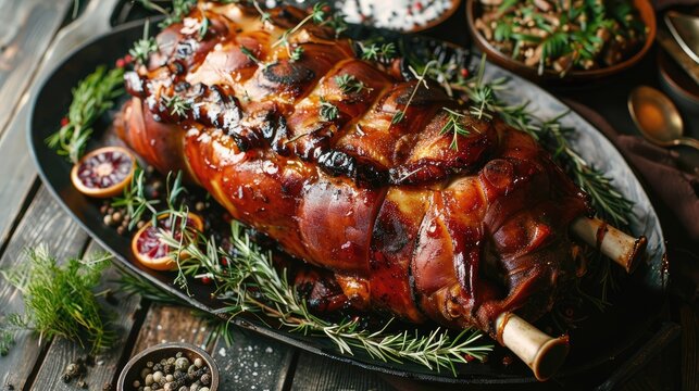 Whole barbecued suckling pig on a platter, viewed from above, with a crispy, glazed finish. Ideal for culinary and festive food photography. -