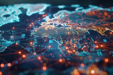 Fototapeta premium intricate 3d visualization of global logistics network interconnected nodes flowing supply chains and data streams across world map