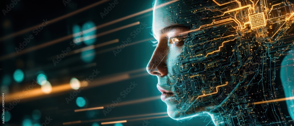 Poster intricate circuitry integrates with digital human face amid glowing data streams