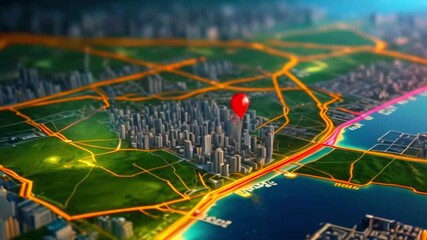 Aerial view of a city with a red pin on a map.