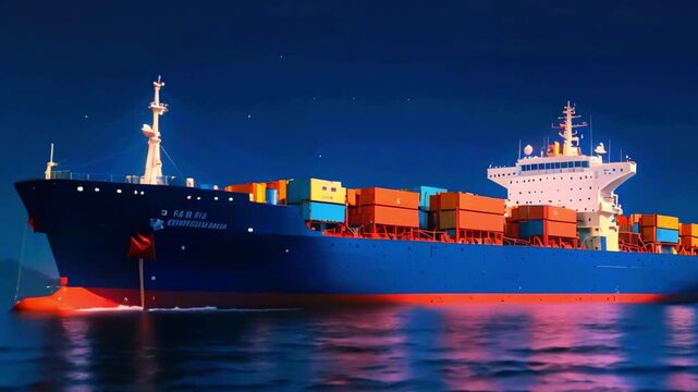 Large cargo ship at sea under a starry night sky.