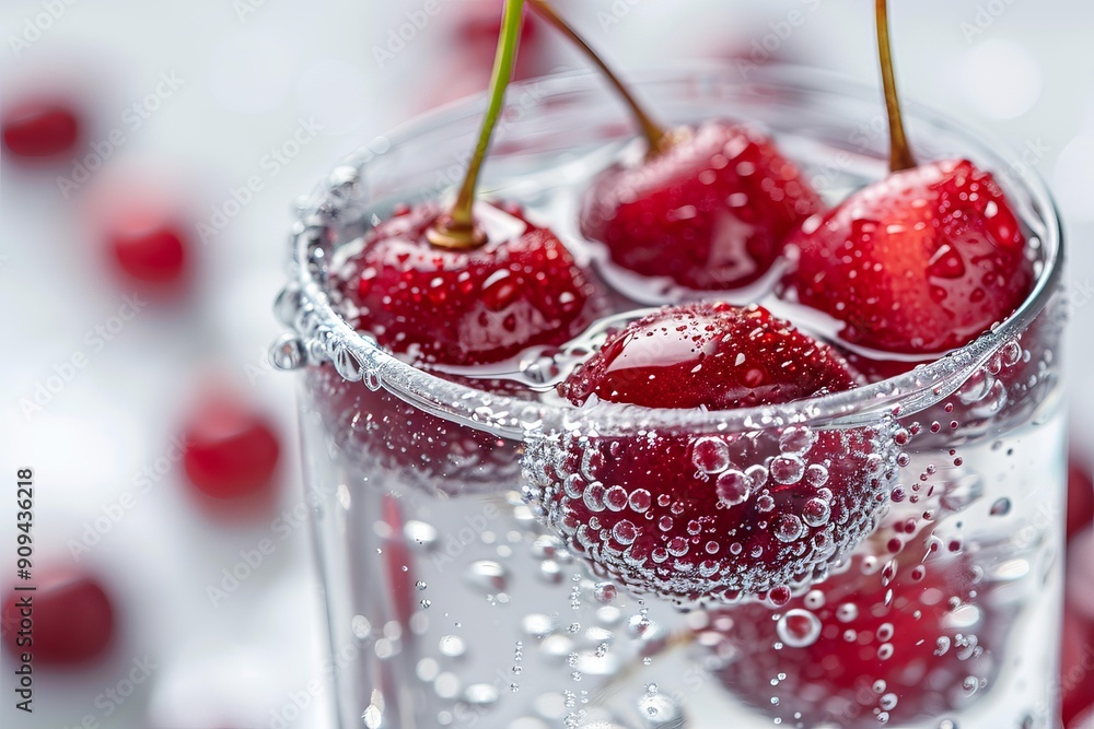 Poster close up of red cherries with stems submerged in a glass of sparkling water, creating refreshing bub
