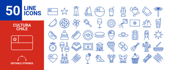 Set de 50 iconos de la cultura de Chile, simbolos patrios, comidas típicas, fauna, vectores en Formato Vectorial. Fiestas Patrias