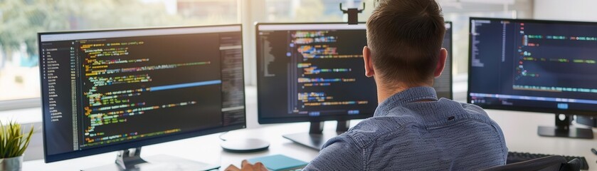 Experienced senior developer coding on multiple monitors, innovative software solutions, sleek modern office design, copy space for text