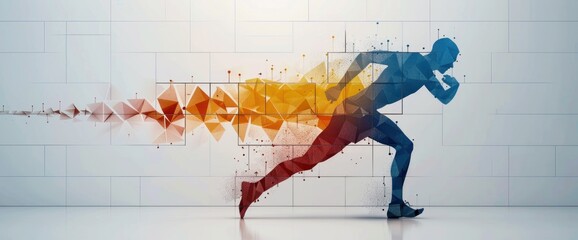 Modern Olympic wall art with abstract representations of athletes in action, illuminated by natural light