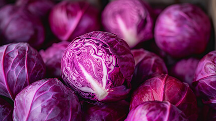 Obraz premium Fresh Red Cabbage Heads Piled Together Showcasing Vibrant Purple Color and Texture