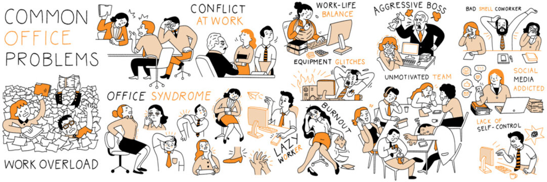 Common office problems illustration set, outline doodle style. Cute character design, outline, linear, thin line art, hand drawn sketch. 